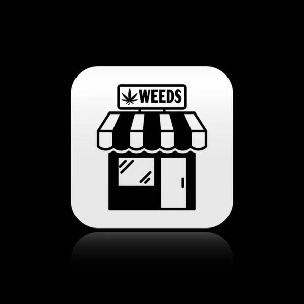 Icona nera di marijuana e cannabis store isolata su sfondo nero. Attrezzature e accessori per fumare, conservare cannabis medica. Pulsante quadrato argento. Illustrazione vettoriale — Vettoriale Stock