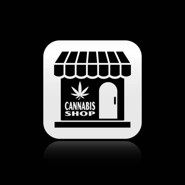 Icono de la tienda de marihuana negra y cannabis aislado sobre fondo negro. Equipos y accesorios para fumar, almacenar cannabis medicinal. Botón cuadrado plateado. Ilustración vectorial — Vector de stock