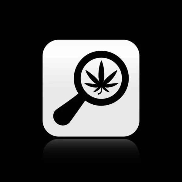 黑色放大镜和医用大麻或大麻叶图标隔离在黑色背景。 大麻的符号。 银方按钮。 病媒图解 — 图库矢量图片