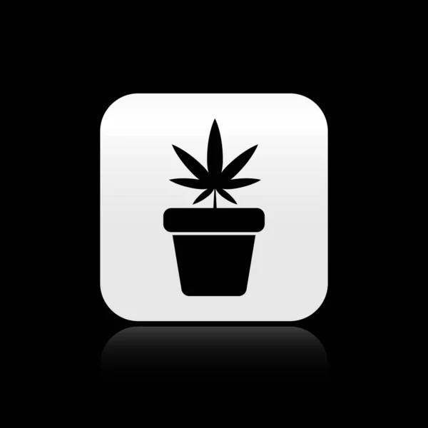 Schwarzes medizinisches Marihuana oder Cannabispflanze im Topf Symbol isoliert auf schwarzem Hintergrund. Marihuana-Anbaukonzept. Hanftopfpflanze. Silberner quadratischer Knopf. Vektorillustration — Stockvektor