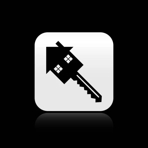 Maison Noire avec icône clé isolée sur fond noir. Le concept de la maison clé en main. Bouton carré argenté. Illustration vectorielle — Image vectorielle