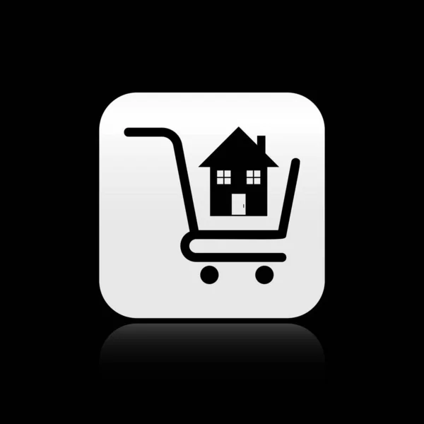 Black Shopping cart with house icon isolated on black background. Buy house concept. Home loan concept, rent, buying a property. Silver square button. Vector Illustration — ストックベクタ