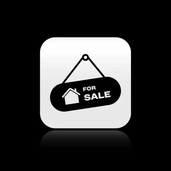 Panneau suspendu noir avec texte à vendre icône isolée sur fond noir. Panneau avec texte à vendre. Bouton carré argenté. Illustration vectorielle — Image vectorielle