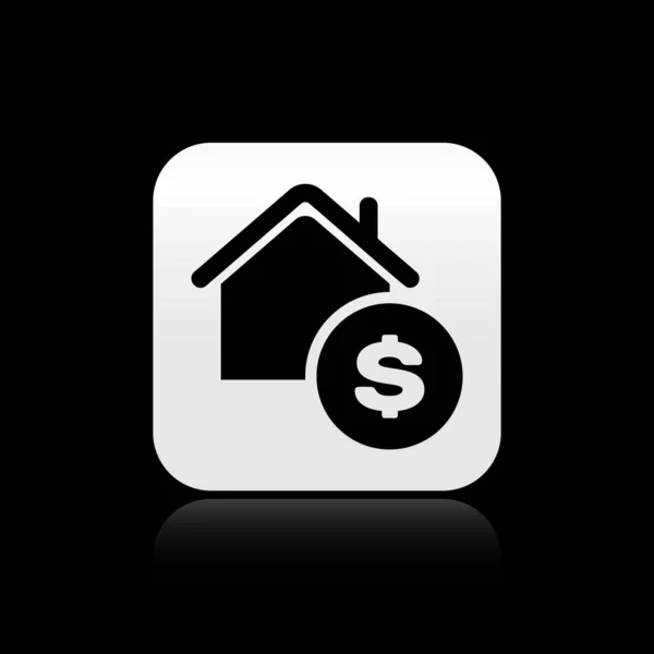 Casa Negra con símbolo del dólar aislado sobre fondo negro. Hogar y dinero. Concepto inmobiliario. Botón cuadrado plateado. Ilustración vectorial — Vector de stock