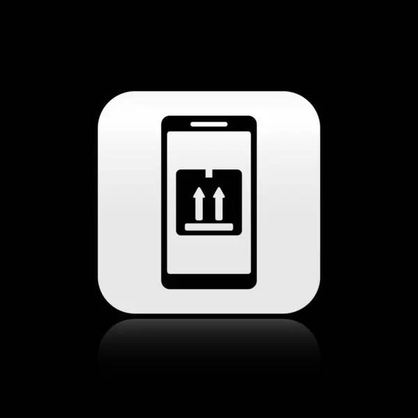 Schwarzes Mobiltelefon mit App-Tracking-Symbol auf schwarzem Hintergrund. Paketverfolgung. Silberner quadratischer Knopf. Vektorillustration — Stockvektor