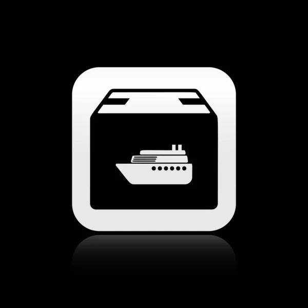 Black Cargo ship with boxes delivery service icon isolated on black background. Delivery, transportation. Freighter with parcels, boxes, goods. Silver square button. Vector Illustration — ストックベクタ