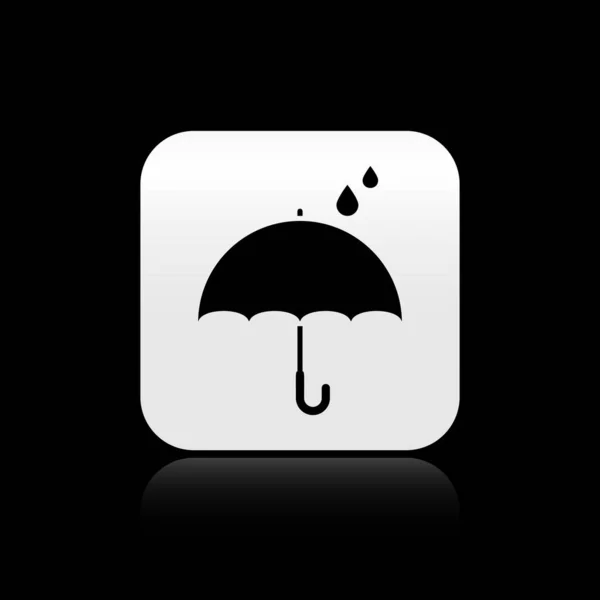 Black Umbrella and rain drops icon isolated on black background. Waterproof icon. Protection, safety, security concept. Water resistant symbol. Silver square button. Vector Illustration — Stock Vector