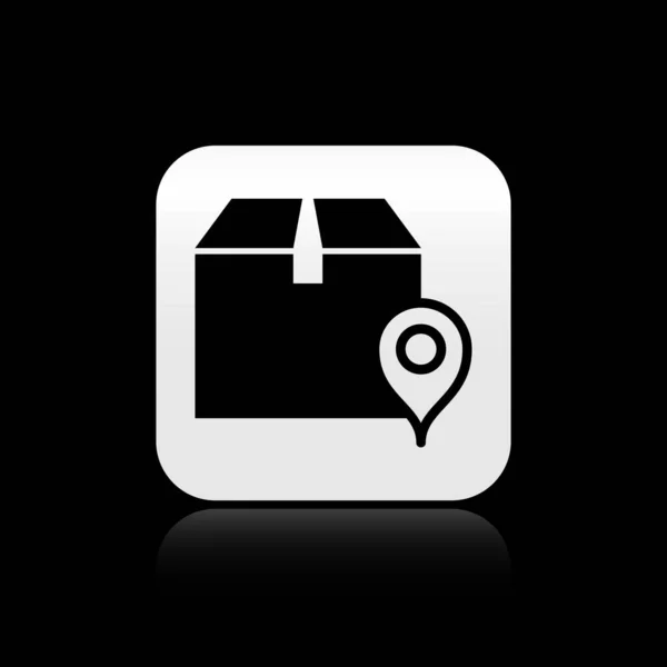 Černá Umístění s kartónovou ikonou izolované na černém pozadí. Doručovací služby, logistika a doprava, relokace, distribuce. Stříbrný knoflík. Vektorová ilustrace — Stockový vektor