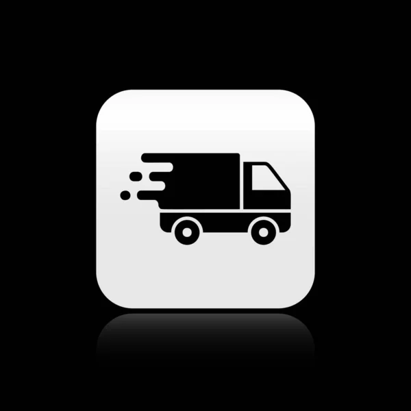 Black Delivery truck in movement icon isolated on black background. Fast shipping delivery truck. Silver square button. Vector Illustration — Stock Vector