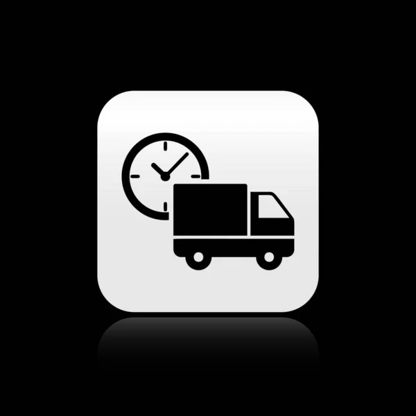 Black Logistics camión de reparto y el icono del reloj aislado sobre fondo negro. Icono de tiempo de entrega. Botón cuadrado plateado. Ilustración vectorial — Archivo Imágenes Vectoriales