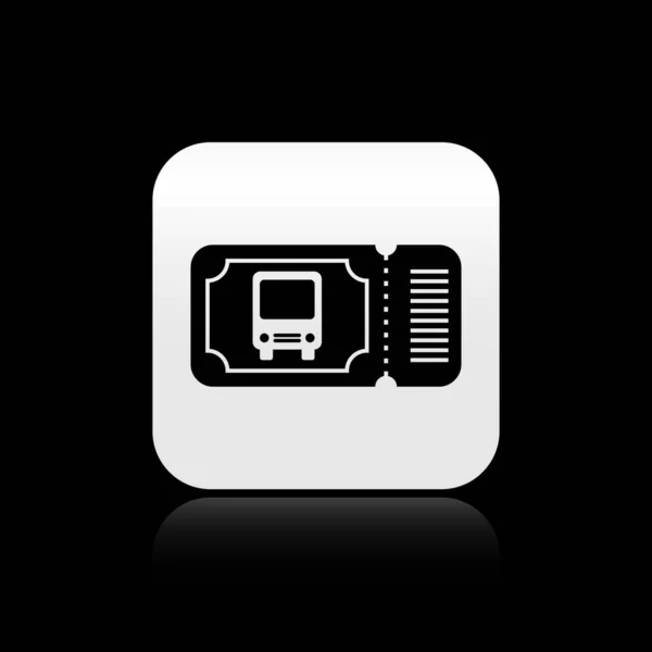Ícone de bilhete de ônibus preto isolado no fundo preto. Bilhete de transporte público. Botão quadrado de prata. Ilustração vetorial — Vetor de Stock