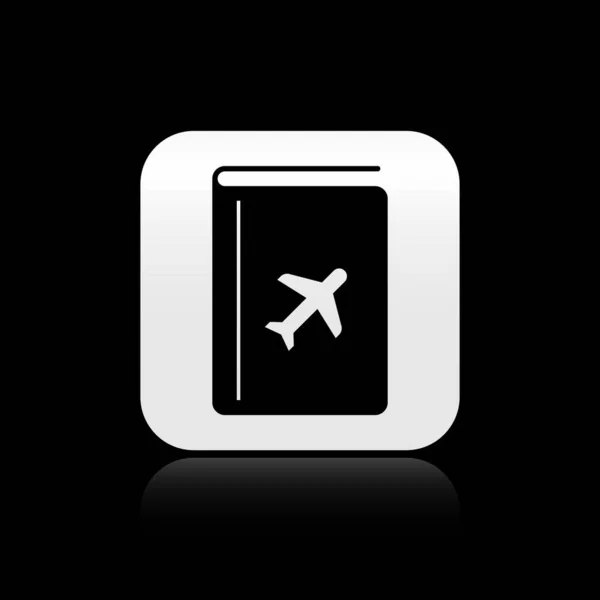 Capa preta ícone guia de viagem livro isolado no fundo preto. Botão quadrado de prata. Ilustração vetorial — Vetor de Stock