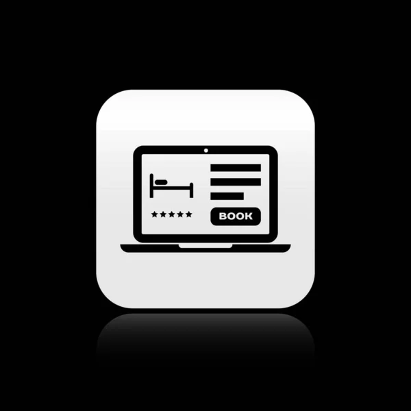 Black Online hotel booking icon isolated on black background (en inglés). Concepto de diseño de reserva en línea para portátil. Botón cuadrado plateado. Ilustración vectorial — Vector de stock