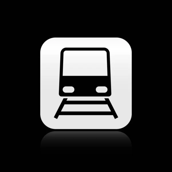 Black Train icon isolated on black background. Public transportation symbol. Subway train transport. Metro underground. Silver square button. Vector Illustration — ストックベクタ