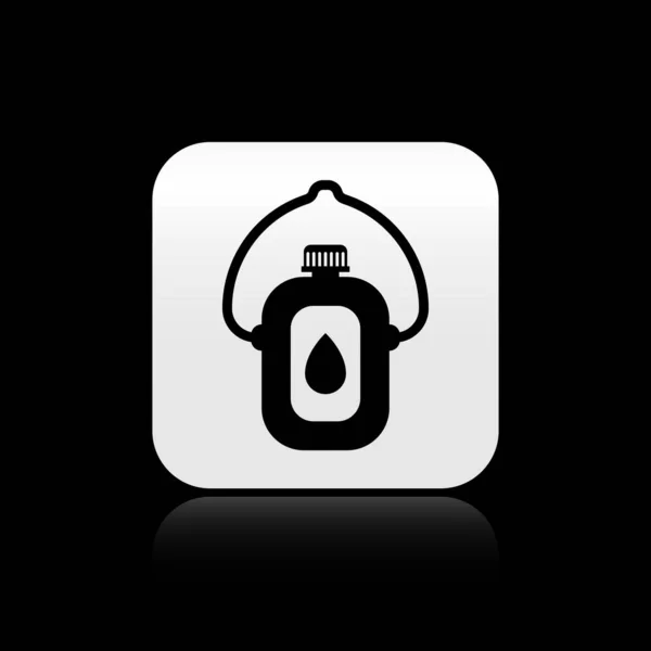 Black Canteen water bottle icon isolated on black background. Tourist flask icon. Jar of water use in the campaign. Silver square button. Vector Illustration — Stock Vector