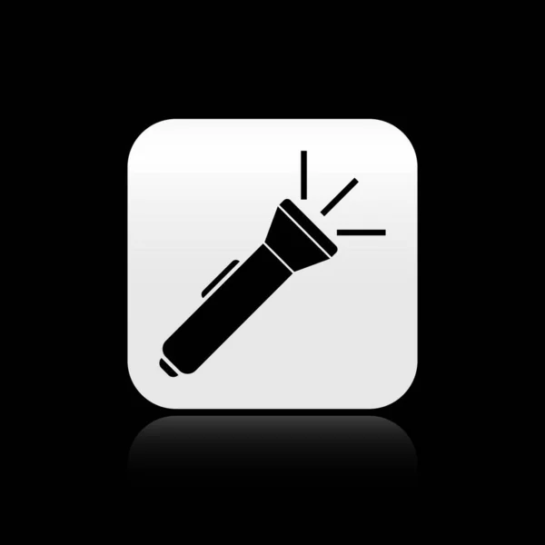 Schwarze Taschenlampe Symbol isoliert auf schwarzem Hintergrund. Silberner quadratischer Knopf. Vektorillustration — Stockvektor