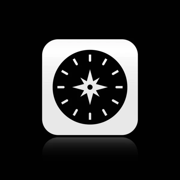 Svart kompass ikon isolerad på svart bakgrund. Windrose navigeringssymbol. Vindrosa tecken. Silverfyrkantig knapp. Vektor Illustration — Stock vektor