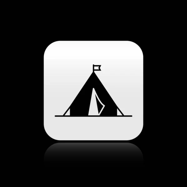 Tienda Turística Negra con icono de bandera aislado sobre fondo negro. Símbolo camping. Botón cuadrado plateado. Ilustración vectorial — Vector de stock