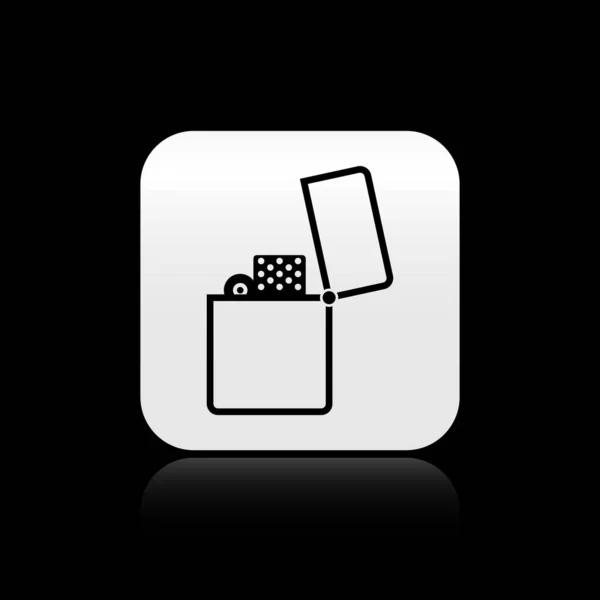 Schwarzes Feuerzeugsymbol isoliert auf schwarzem Hintergrund. Silberner quadratischer Knopf. Vektorillustration — Stockvektor