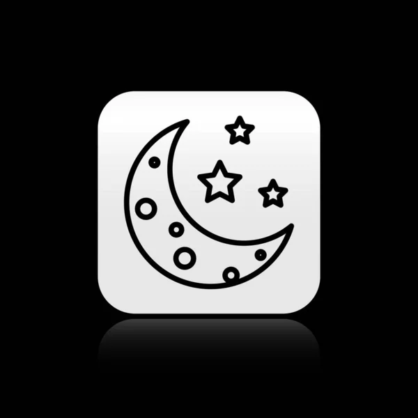 Schwarzer Mond und Sterne-Symbol isoliert auf schwarzem Hintergrund. Silberner quadratischer Knopf. Vektorillustration — Stockvektor
