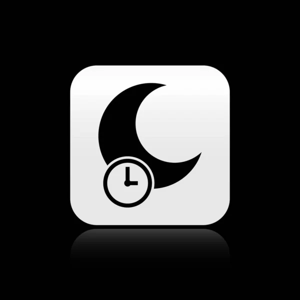 Ícone preto da lua adormecida isolado no fundo preto. Botão quadrado de prata. Ilustração vetorial —  Vetores de Stock