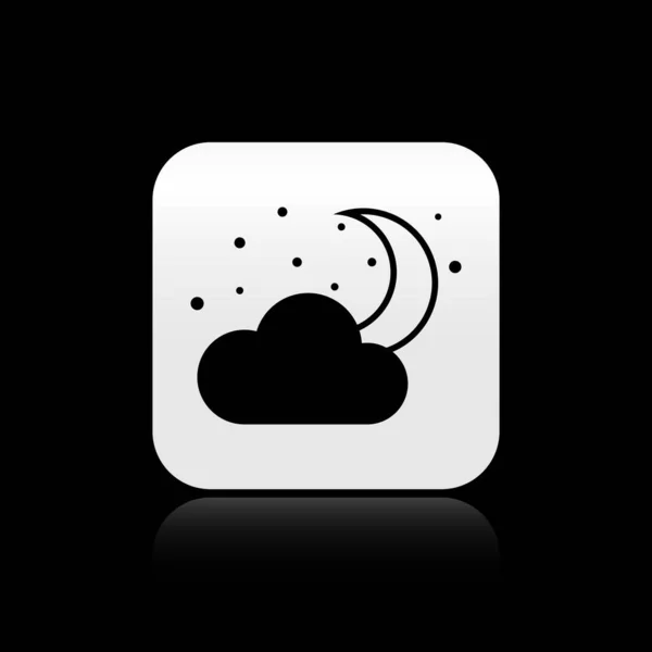 Svart moln med Moon och stjärnor ikon isolerad på svart bakgrund. Grumlig natt skylt. Sömn drömmar symbol. Natt eller säng tid skylt. Silver fyrkantig knapp. Vektor illustration — Stock vektor