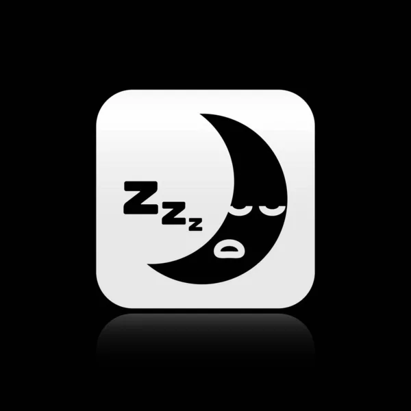 黒い背景に黒い月のアイコンが孤立しています。曇った夜の看板。睡眠夢のシンボル。夜やベッドの時刻表示。銀四角形のボタン。ベクターイラスト — ストックベクタ