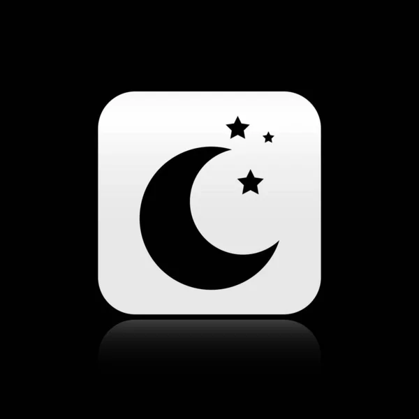 Black Moon and stars icon isolated on black background. Silver square button. Vector Illustration — Stock Vector