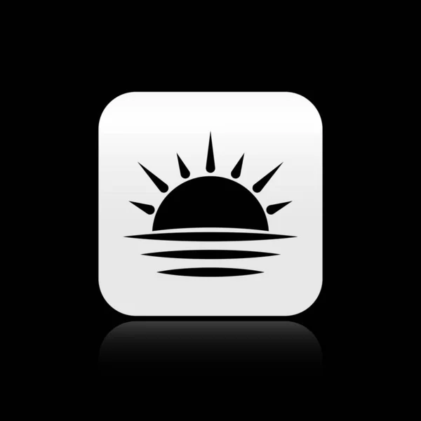 Ícone de pôr do sol preto isolado no fundo preto. Botão quadrado de prata. Ilustração vetorial — Vetor de Stock