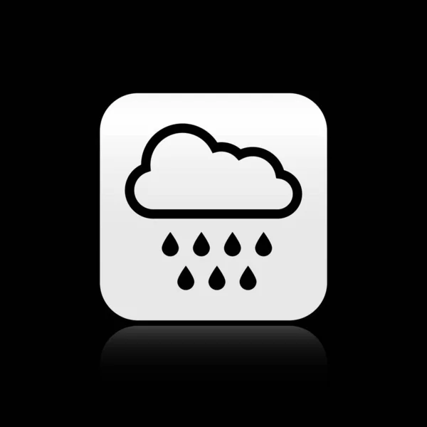 Black Cloud with rain icon isolated on black background. Rain cloud precipitation with rain drops. Silver square button. Vector Illustration — Stock Vector