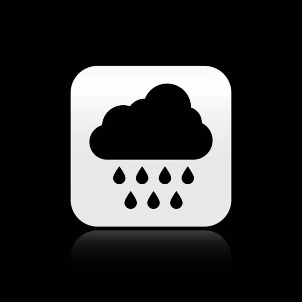 Fekete felhő eső ikon elszigetelt fekete háttérrel. Esőfelhő csapadék esőcseppekkel. Ezüst négyzet gomb. Vektorillusztráció — Stock Vector