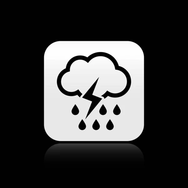 Μαύρο σύννεφο με βροχή και εικονίδιο αστραπή απομονώνονται σε μαύρο φόντο. Βροχή νεφών βροχόπτωση με σταγόνες βροχής.Καιρός εικονίδιο της καταιγίδας. Ασημένιο τετράγωνο κουμπί. Εικονογράφηση διανύσματος — Διανυσματικό Αρχείο