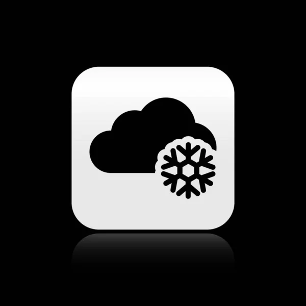 Nube negra con icono de nieve aislado sobre fondo negro. Nube con copos de nieve. Icono de tiempo único. Signo de niebla. Botón cuadrado plateado. Ilustración vectorial — Vector de stock