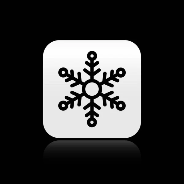 Ícone de floco de neve preto isolado no fundo preto. Botão quadrado de prata. Ilustração vetorial — Vetor de Stock