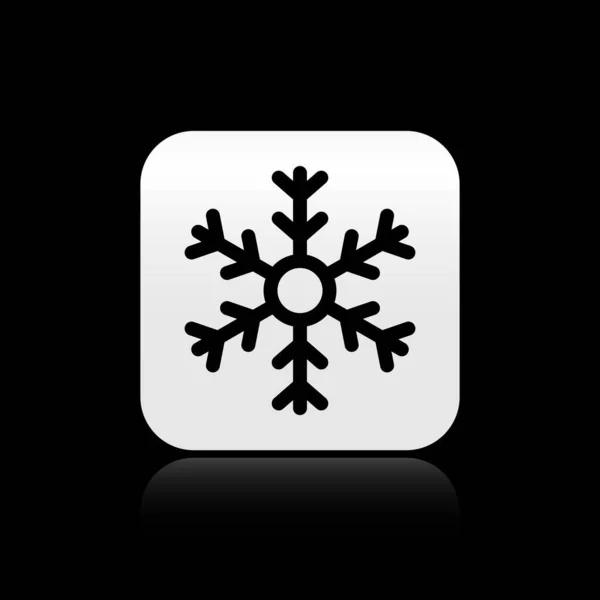 Icono de copo de nieve negro aislado sobre fondo negro. Botón cuadrado plateado. Ilustración vectorial — Vector de stock