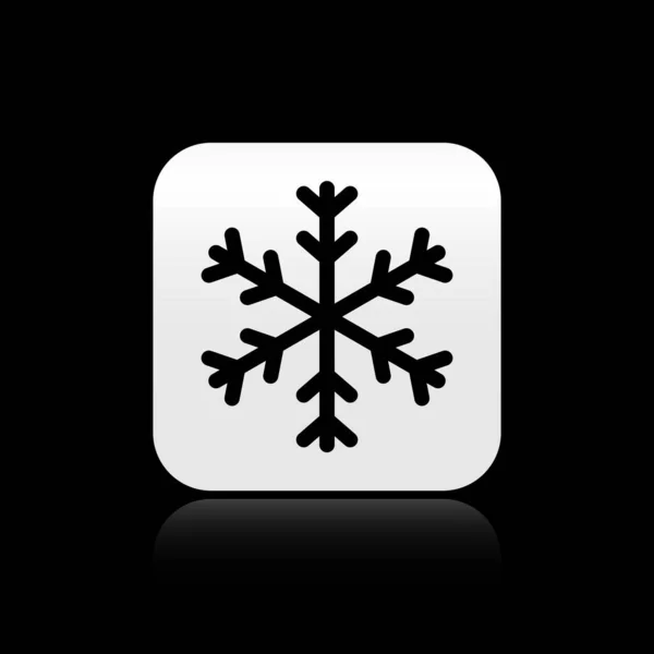Μαύρο εικονίδιο νιφάδας χιονιού απομονωμένο σε μαύρο φόντο. Ασημένιο τετράγωνο κουμπί. Εικονογράφηση διανύσματος — Διανυσματικό Αρχείο
