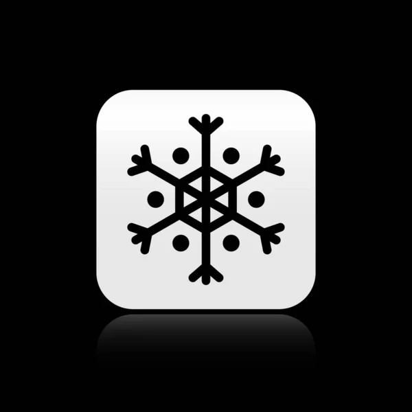 Black Snowflake icon isolated on black background. Silver square button. Vector Illustration — Stock Vector