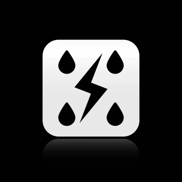Black Storm icon isolated on black background. Drop and lightning sign. Weather icon of storm. Silver square button. Vector Illustration — Stock Vector