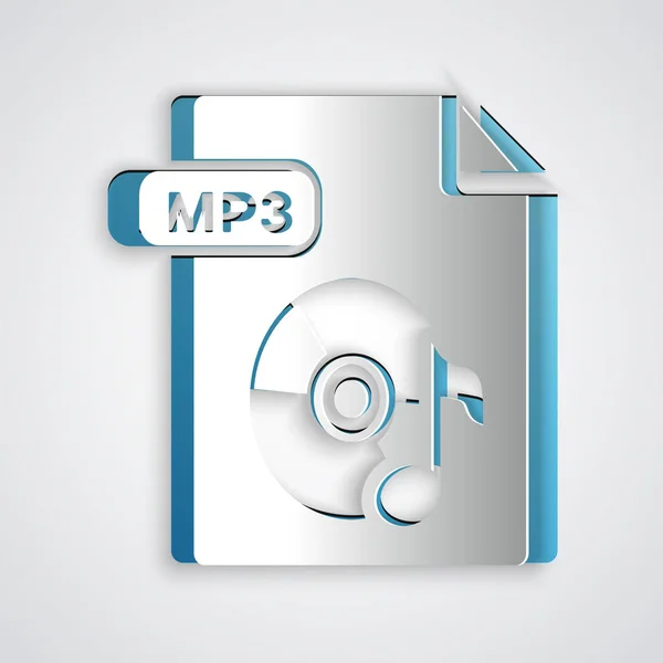 Dokument souboru MP3, vyjmovaný z papíru. Ikona tlačítka MP3 Stáhnout je izolovaná na šedém pozadí. Symbol formátu MP3 Music. Symbol souboru MP3. Styl papírového umění. Vektorová ilustrace — Stockový vektor