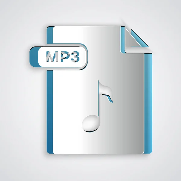 Papper klippa mp3 arkivera dokument. Ladda ner MP3-knappen ikon isolerad på grå bakgrund. MP3 musik format tecken. MP3-filsymbol. Papperskonst stil. Vektor illustration — Stock vektor