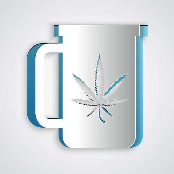 Paper cut Cup tea with marijuana or cannabis leaf icon isolated on grey background. Marijuana legalization. Hemp symbol. Paper art style. Vector Illustration — Stock Vector