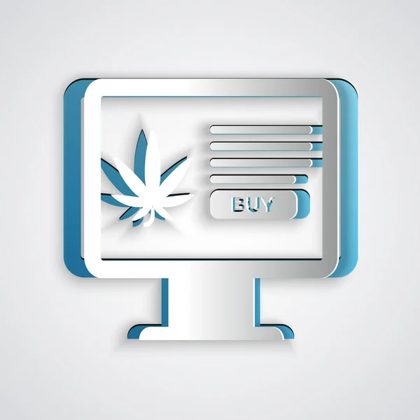 Corte de papel Monitor de computadora y marihuana medicinal o icono de hoja de cannabis aislado sobre fondo gris. Símbolo de compra online. Cesta del supermercado. Estilo de arte de papel. Ilustración vectorial — Archivo Imágenes Vectoriales