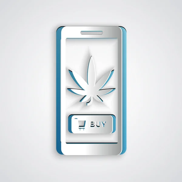 Corte de papel Teléfono móvil y marihuana medicinal o icono de hoja de cannabis aislado sobre fondo gris. Símbolo de compra online. Cesta del supermercado. Estilo de arte de papel. Ilustración vectorial — Vector de stock