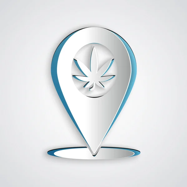 Papel cortado Puntero de mapa y marihuana o icono de hoja de cannabis aislado sobre fondo gris. Un símbolo de cáñamo. Estilo de arte de papel. Ilustración vectorial — Archivo Imágenes Vectoriales