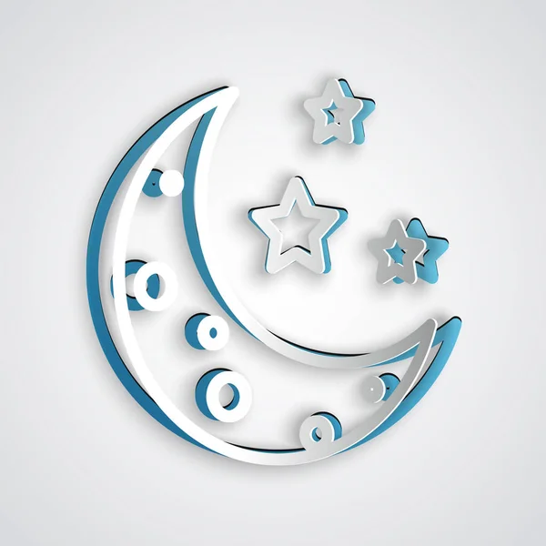 Corte de papel Icono de luna y estrellas aislado sobre fondo gris. Estilo de arte de papel. Ilustración vectorial — Archivo Imágenes Vectoriales