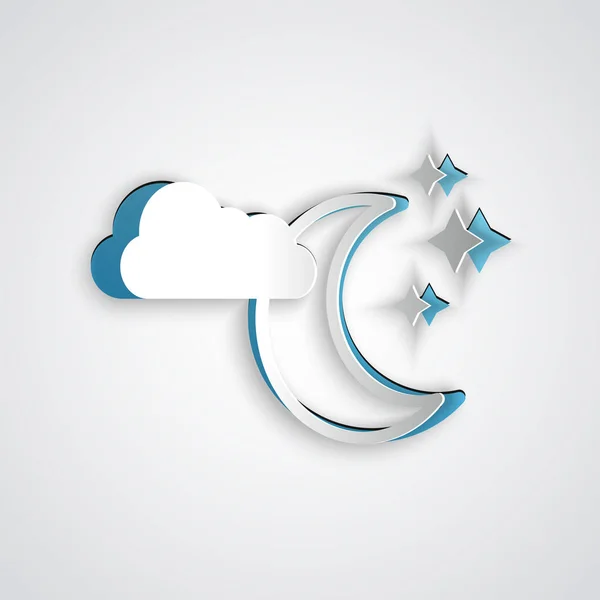 Paper cut Cloud with moon and stars icon isolated on grey background. Cloudy night sign. Sleep dreams symbol. Night or bed time sign. Paper art style. Vector Illustration — Stock Vector