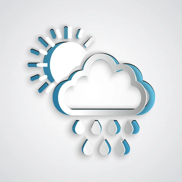 Papier gesneden Wolk met regen en zon pictogram geïsoleerd op grijze achtergrond. Regenwolk neerslag met regendruppels. Papierkunst stijl. Vector Illustratie — Stockvector