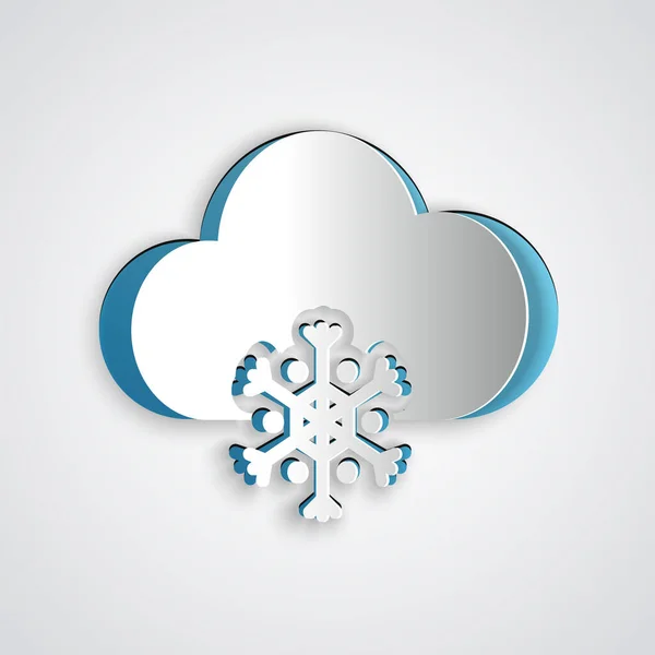 Nube de papel cortada con icono de nieve aislado sobre fondo gris. Nube con copos de nieve. Icono de tiempo único. Signo de niebla. Estilo de arte de papel. Ilustración vectorial — Archivo Imágenes Vectoriales