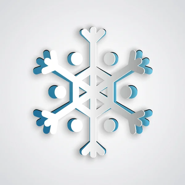 Papier gesneden Sneeuwvlokje pictogram geïsoleerd op grijze achtergrond. Papierkunst stijl. Vector Illustratie — Stockvector
