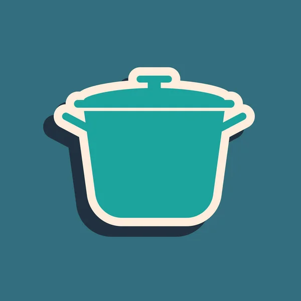 Green Cooking pot icon isolated on blue background. Boil or stew food symbol. Long shadow style. Vector Illustration — Stock Vector